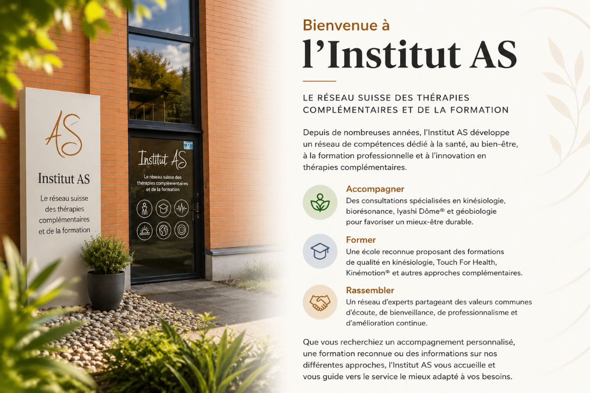 Bienvenue à l'Institut AS – Le réseau suisse des thérapies complémentaires Illustration représentant l'entrée de l'Institut AS, réseau suisse des thérapies complémentaires et de la formation, regroupant la kinésiologie, la biorésonance, le Iyashi Dôme®, la géobiologie, Kinémotion® et l'École AS.