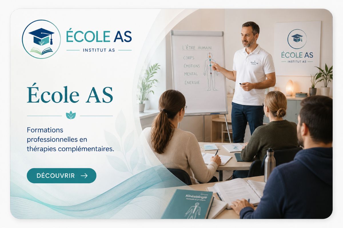 École AS – Formations professionnelles en thérapies complémentaires Illustration représentant une formation professionnelle à l'École AS en kinésiologie et thérapies complémentaires en Suisse romande.