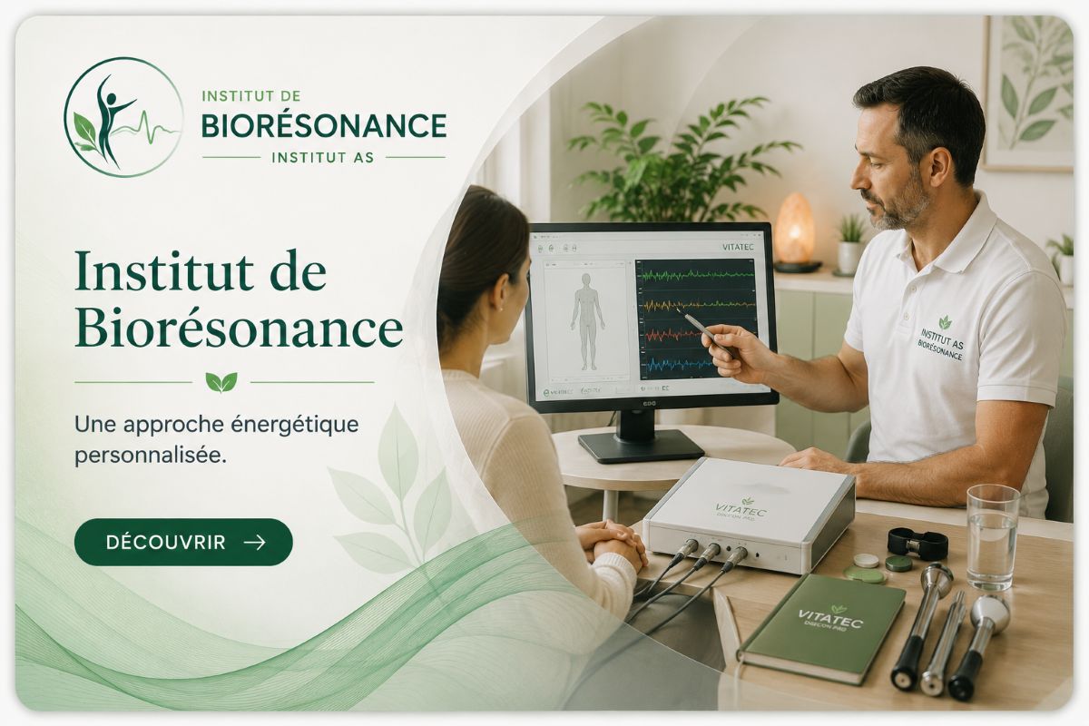 Institut de Biorésonance – Une approche énergétique personnalisée Illustration représentant une consultation de biorésonance à l'Institut de Biorésonance AS avec la technologie Vitatec pour un accompagnement énergétique personnalisé.