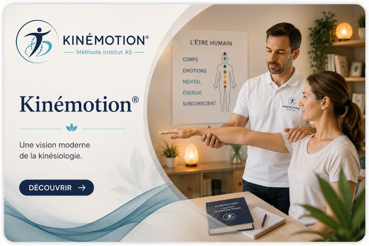 Kinémotion® – Une vision moderne de la kinésiologie Illustration représentant une séance de Kinémotion®, méthode moderne de kinésiologie développée par l’Institut AS.