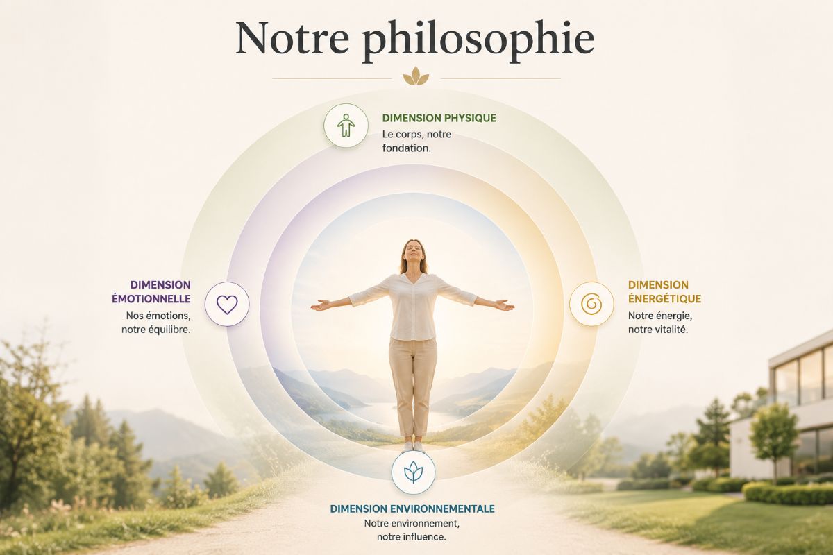 Notre philosophie – Une approche globale de l'être humain Illustration représentant la philosophie de l'Institut AS avec une personne au centre entourée des dimensions physique, émotionnelle, énergétique et environnementale.