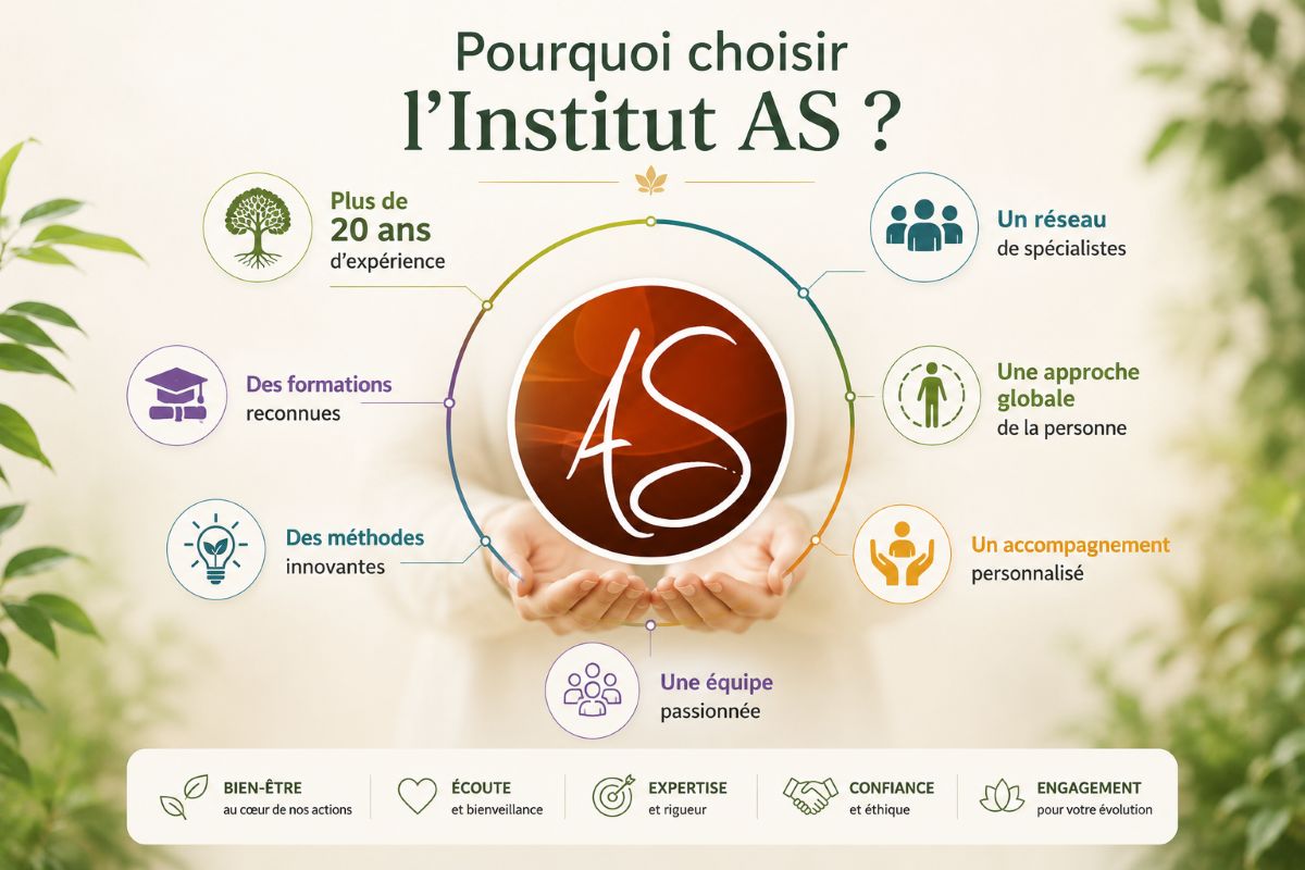 Pourquoi choisir l'Institut AS ? – Les atouts de notre réseau Illustration présentant les principaux atouts de l'Institut AS : plus de 20 ans d'expérience, un réseau de spécialistes, des formations reconnues, une approche globale, des méthodes innovantes et un accompagnement personnalisé.
