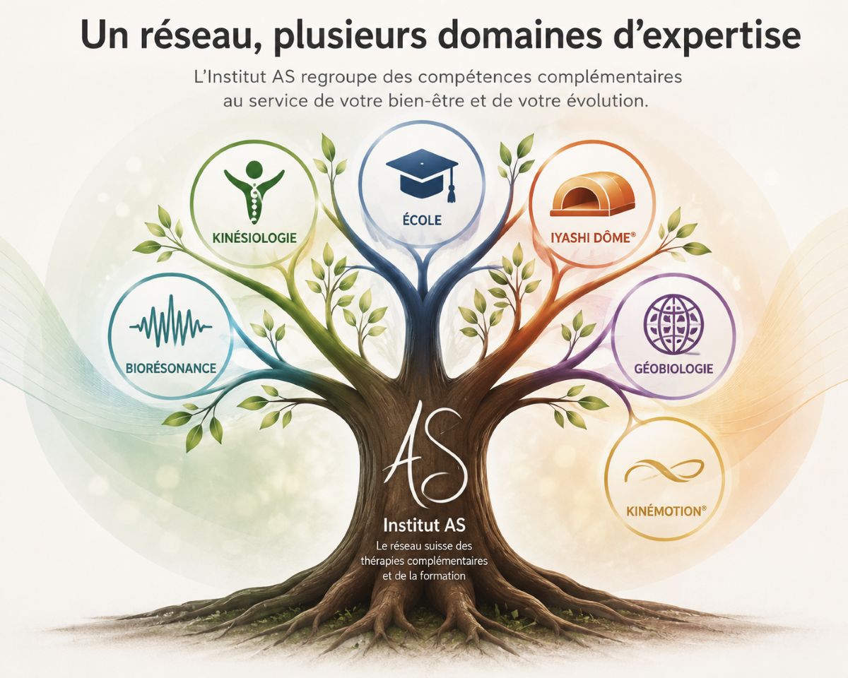 Le réseau Institut AS et ses domaines d'expertise Illustration représentant le réseau Institut AS sous la forme d'un arbre dont les branches symbolisent la kinésiologie, l'École AS, le Iyashi Dôme®, la biorésonance, la géobiologie et la méthode Kinémotion®.