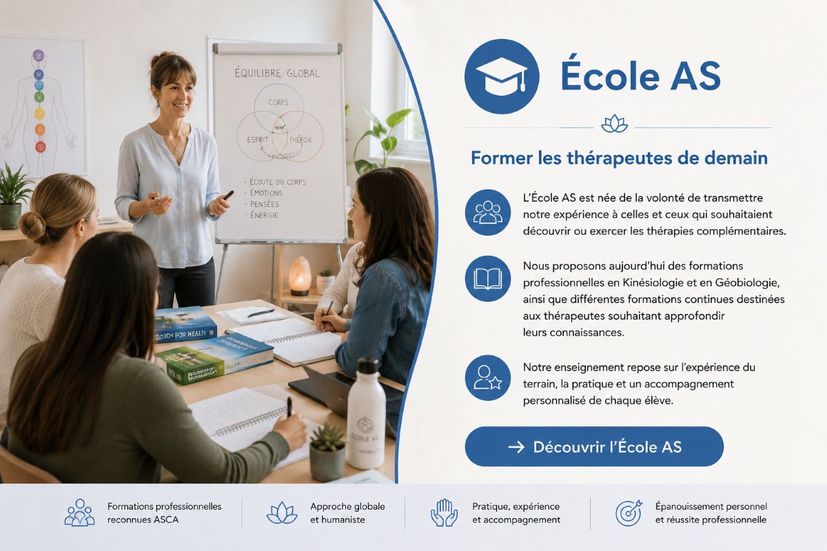 École AS – Former les thérapeutes de demain Illustration représentant une formation professionnelle à l'École AS avec un formateur et des élèves en cours de kinésiologie et de géobiologie.