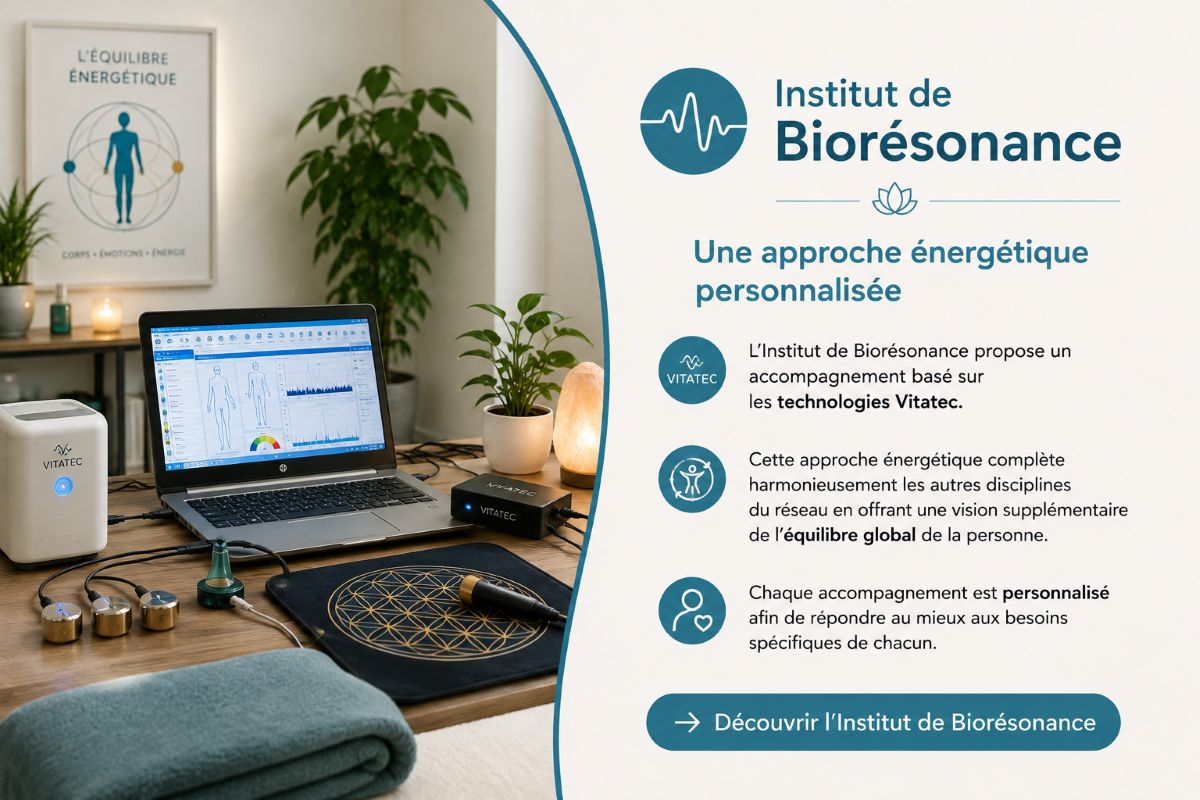 Institut de Biorésonance – Une approche énergétique personnalisée Illustration représentant une consultation à l'Institut de Biorésonance avec les technologies Vitatec pour un accompagnement énergétique personnalisé.