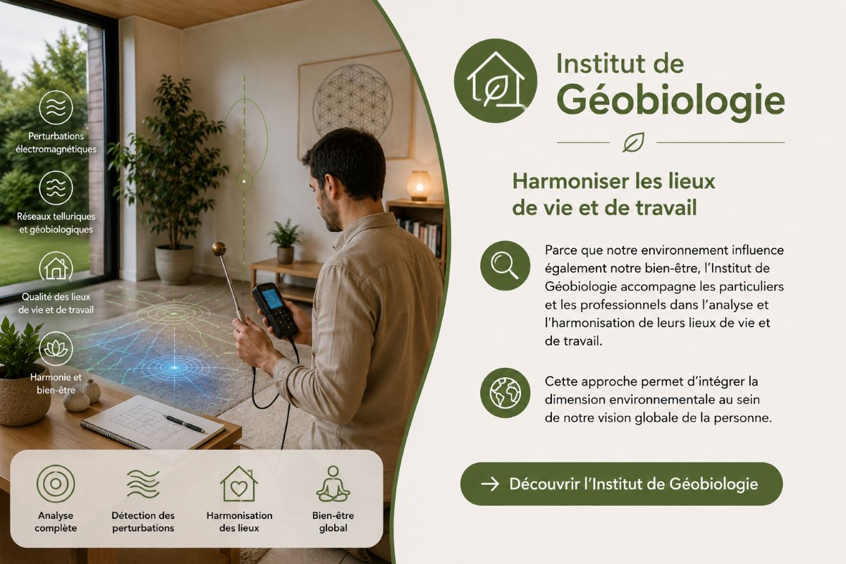 Institut de Géobiologie – Harmoniser les lieux de vie et de travail Illustration représentant une analyse géobiologique d'une habitation afin d'harmoniser les lieux de vie et de travail et de favoriser un environnement équilibré.