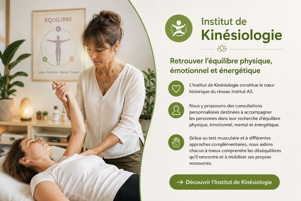 Institut de Kinésiologie – Retrouver l'équilibre physique, émotionnel et énergétique Illustration représentant une consultation de kinésiologie avec un test musculaire à l'Institut de Kinésiologie AS afin de favoriser l'équilibre physique, émotionnel, mental et énergétique.