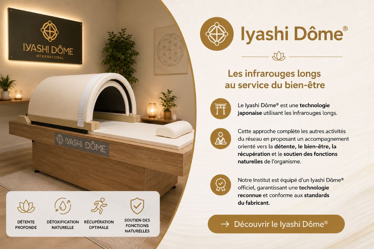 Iyashi Dôme® – Les infrarouges longs au service du bien-être Illustration présentant le Iyashi Dôme® officiel de l'Institut AS, une technologie japonaise utilisant les infrarouges longs pour favoriser le bien-être, la détente et la récupération.