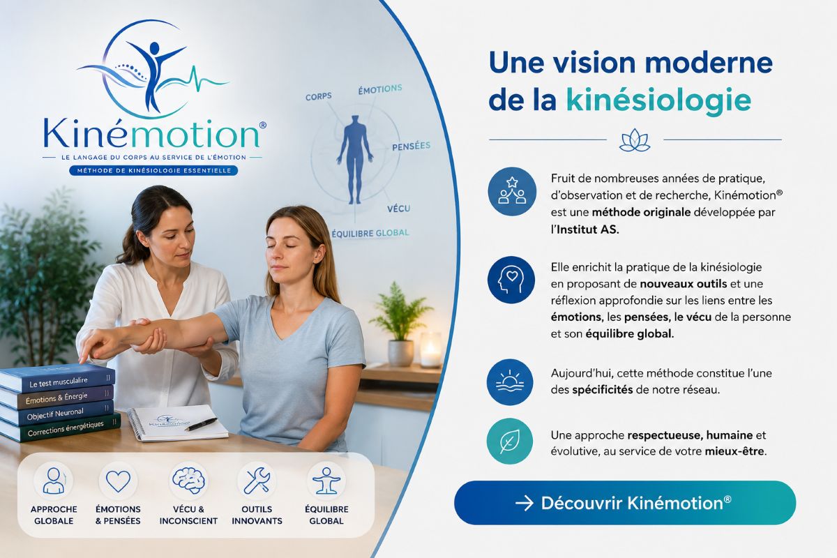Kinémotion® – Une vision moderne de la kinésiologie Illustration représentant la méthode Kinémotion®, une approche moderne de la kinésiologie développée par l'Institut AS, basée sur les liens entre les émotions, les pensées, le vécu et l'équilibre global.