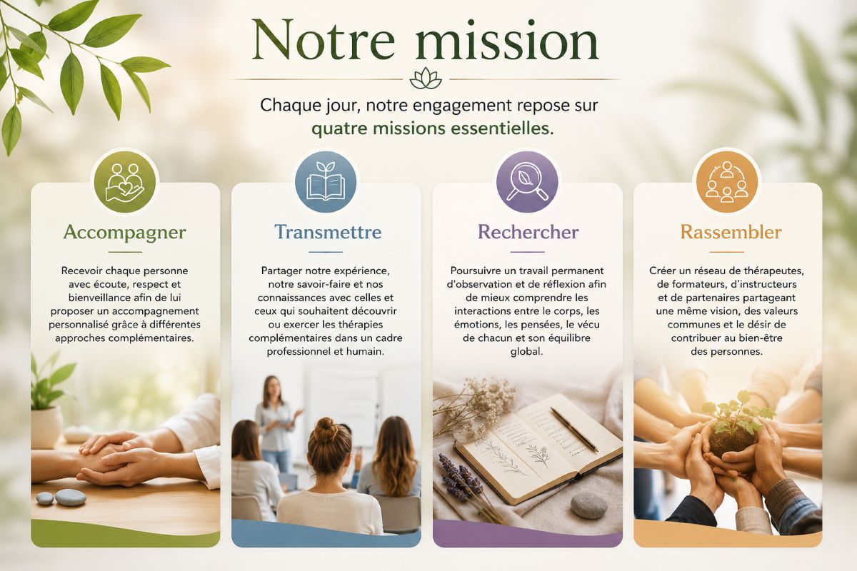 Notre mission – Les quatre engagements de l'Institut AS Illustration présentant les quatre missions de l'Institut AS : accompagner, transmettre, rechercher et rassembler au service des thérapies complémentaires.